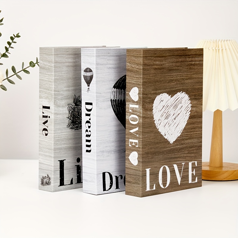 E-shop 3 Stück Moderne Deko-Bücher – Vintage Koffer, Heißluftballon & Herz-Design mit LIVE Aufschrift, Hochwertiges Papierkunst für Zuhause, Büro oder
