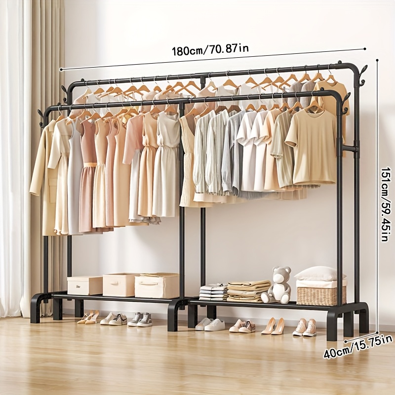 E-shop Verstellbarer, freistehender Schwerlast-Metall-Kleiderständer mit Doppelstange & Schuh-/Hutständer - Kleiderorganizer mit stabilem schwarzen