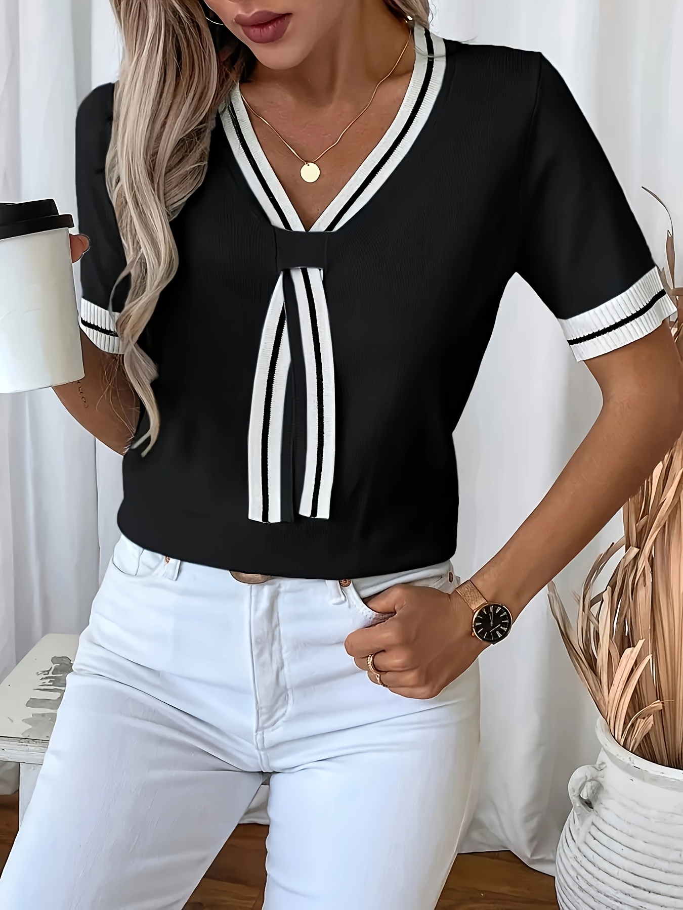 item picture womens v neck color block pullover with short sleeves stylish and versatile suitable for spring summer and autumn  