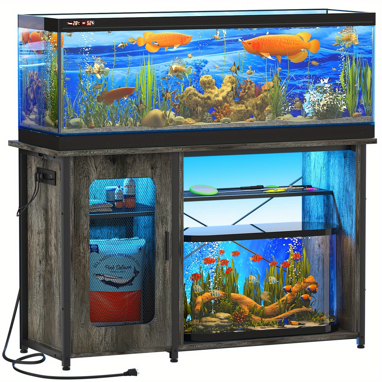 

55-75 Gallon Fish Tank Stand With Power Outlets & Led Light, Reversible Heavy Duty Metal Aquarium Stand With Cabinet For Fish Tank Accessories Storage, Turtle/reptile Terrariums, Black
