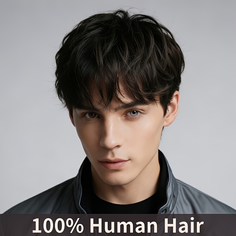 Real Human Hair Wig For Men -85g Natural Black Short Layered Cut Realistic Messy Fringe Male Toupee Non-lace Suitable For Daily Wear, Cosplay, Rock Punk Costume Suitable For (no Glue Required)-cuklop