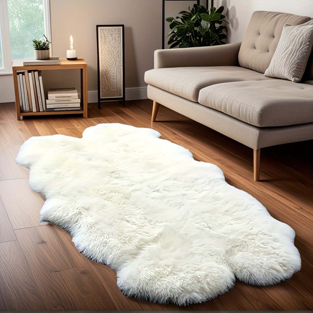 Image of 1pc Long Plush Carpet, Bedroom Fluffy Irregular Shaped Rug, Sheepskin Long Carpet, Bedroom Living Room Balcony Decor, Washable Carpet, Size 35.43 .96 Inches