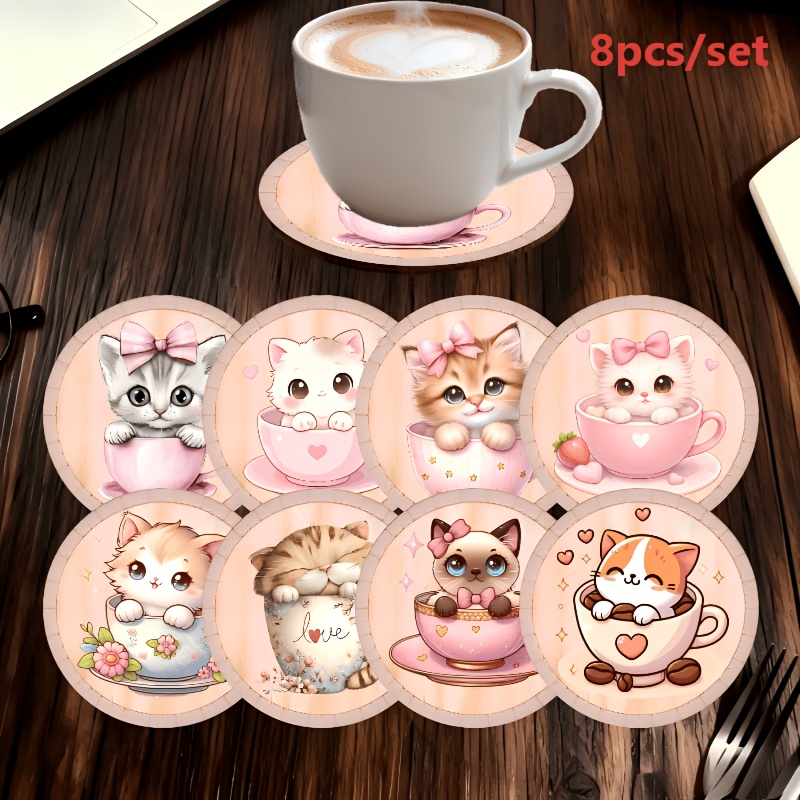 TEMU Lot de 8 sous-verres en bois avec adorables imprimés de chats et de café, antidérapante et résistante à la chaleur. Ornements de table parfaits