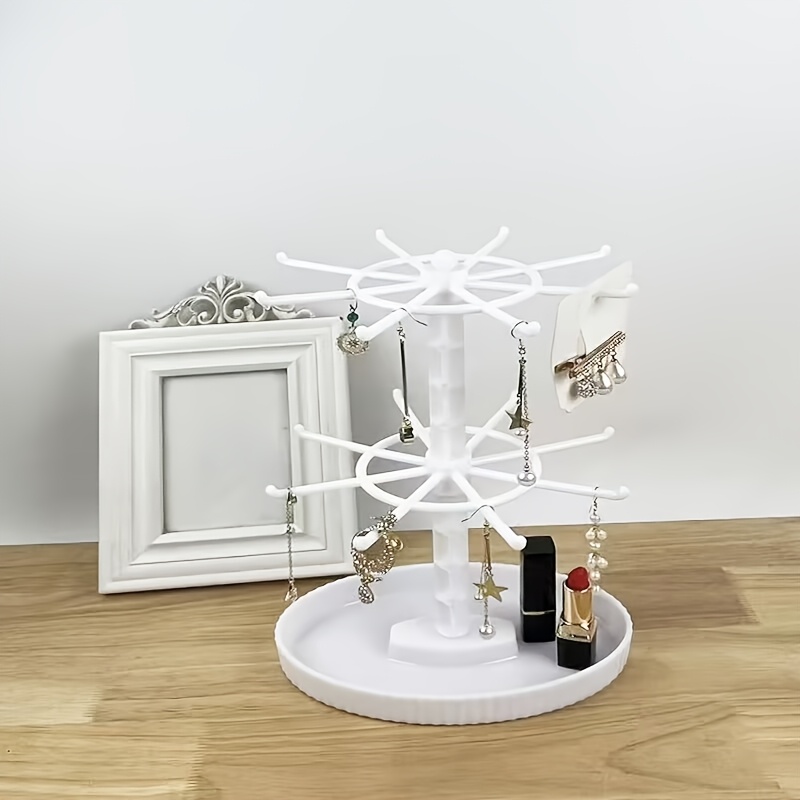 TEMU 1pc Removable White 2-tier/3-tier 360° Rotating Hanging Jewelry Display Rack, Tiered Hook Design, Large Capacity Storage, Vertical Striped Oval