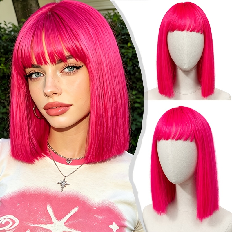 TEMU Perruque Bob avec Frange, Perruques Raides pour Femmes, Perruque Rose Vif Résistante à la Chaleur Cheveux Synthétiques pour Fête Cosplay