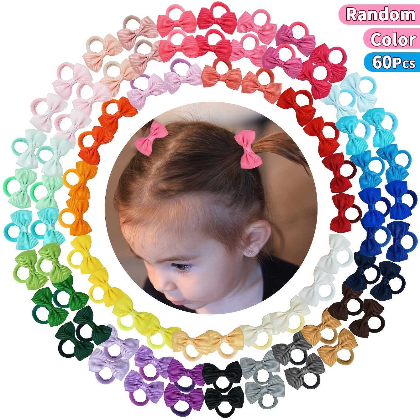 Image of 60pcs Kids' Colorful Bow Hair Ties, Random Colors, High-elasticity Non-damaging Hair Bands, Perfect For Back-to- And Daily Casual Use