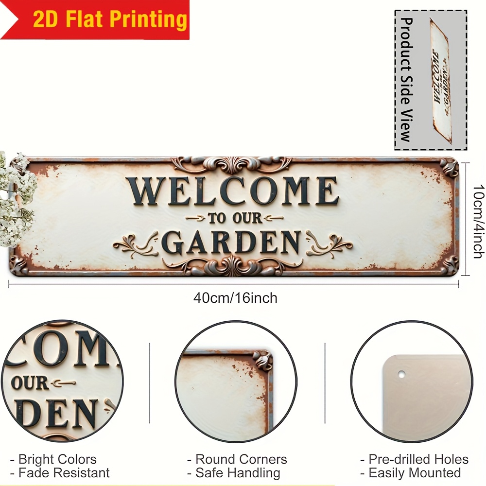 TEMU 2d Flat, 1pc 2d Flat Home Decor Aluminum Metal Wall Sign, Garden Vintage "welcome To Our Garden" Decorative Sign 2d Printed, Suitable For Homes,