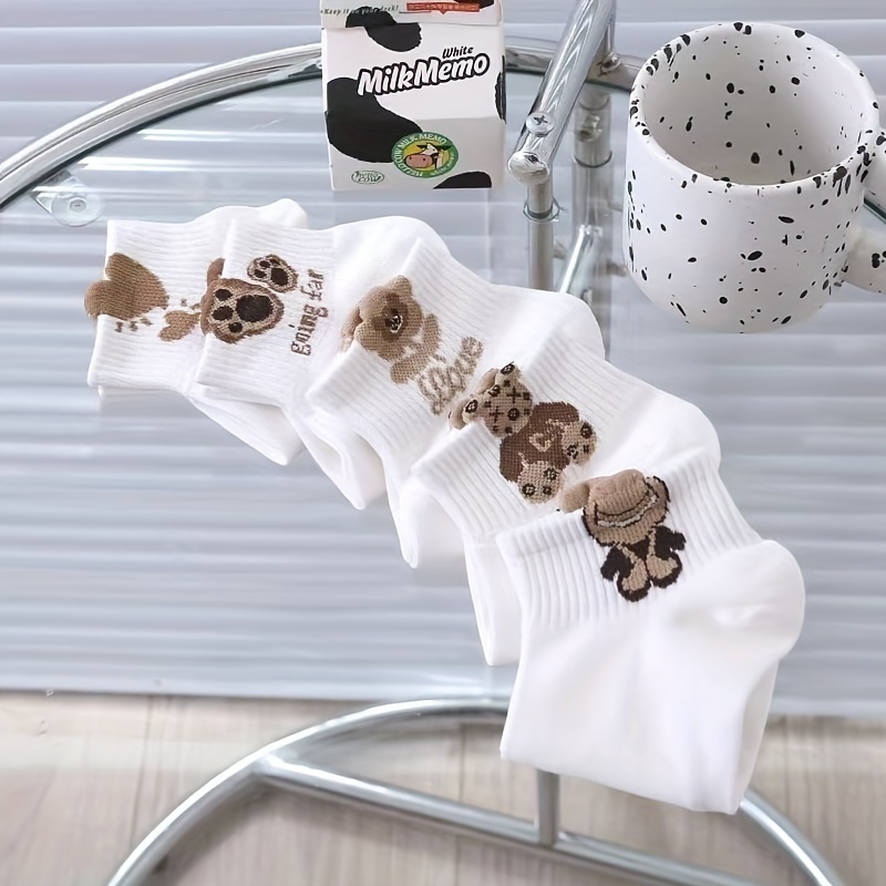 5 Pairs Cute 3D Cartoon Bear Socks, Comfy & Breathable Short Socks, Women's Stockings & Hosiery