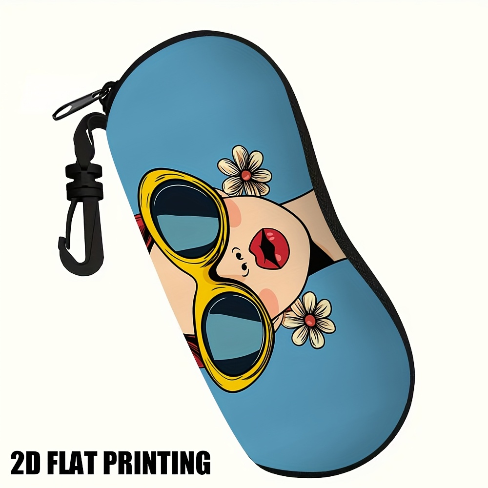 TEMU Étui à lunettes 2D plat - 1pc, Étui à lunettes 2D plat avec fermeture éclair, motif femme, lunettes de mode et fleurs, compact et fonctionnel,