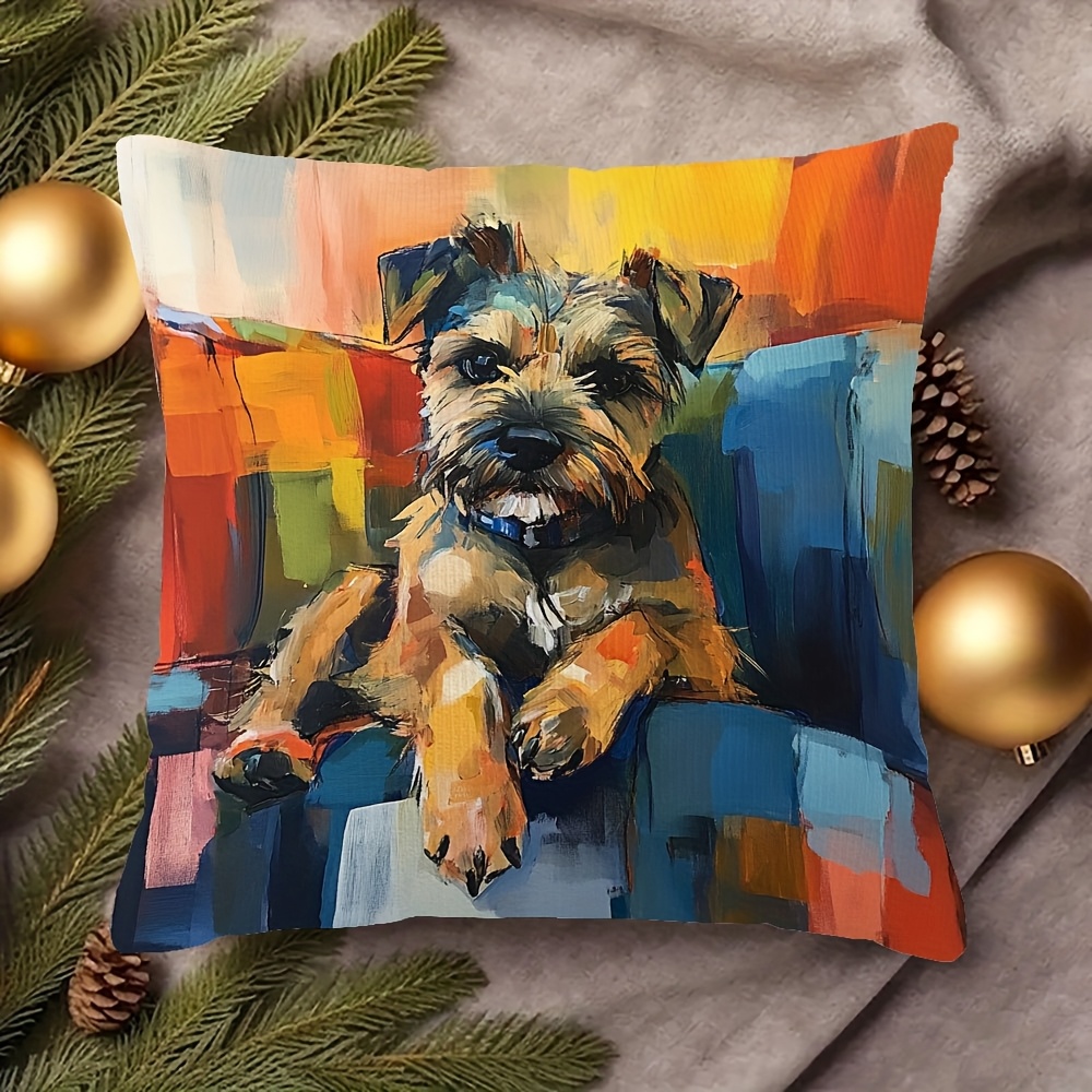 TEMU 1pc, Double Sided Printing Short Plush Pillowcase, Abstract Border Terrier Portrait Dogholiday Gift Cushion Cover, Suitable For Living Room,