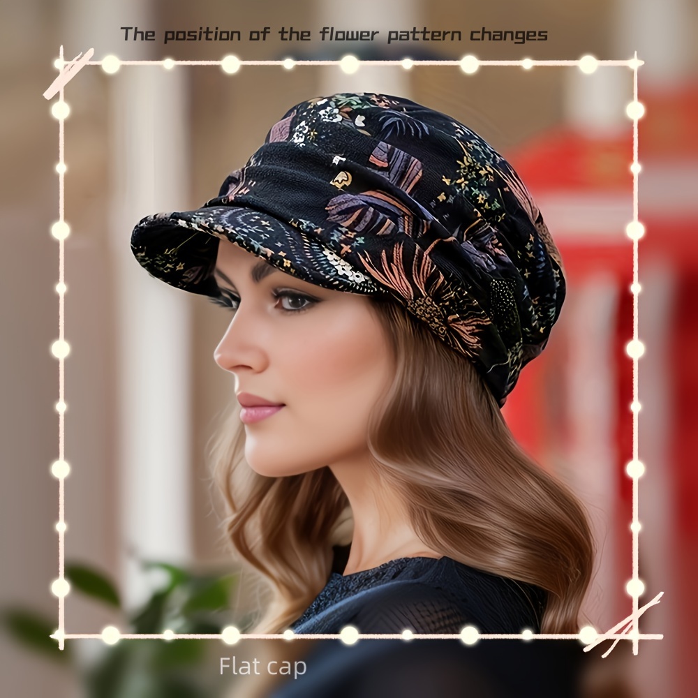 TEMU Chic Vintage Floral Newsboy   For Women - Lightweight, Pleated Design With Short Brim | & Warm | Perfect Gift