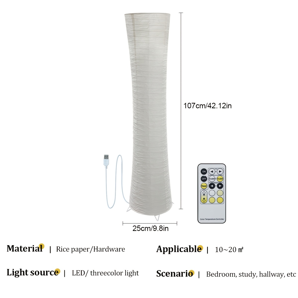 TEMU 1pc Soft Light Floor Lamp, 42 Inches High, Modern , Light With Warm Light 3000k-6000k, Usb Power Supply, Paper Lamp Shade, Suitable For Living
