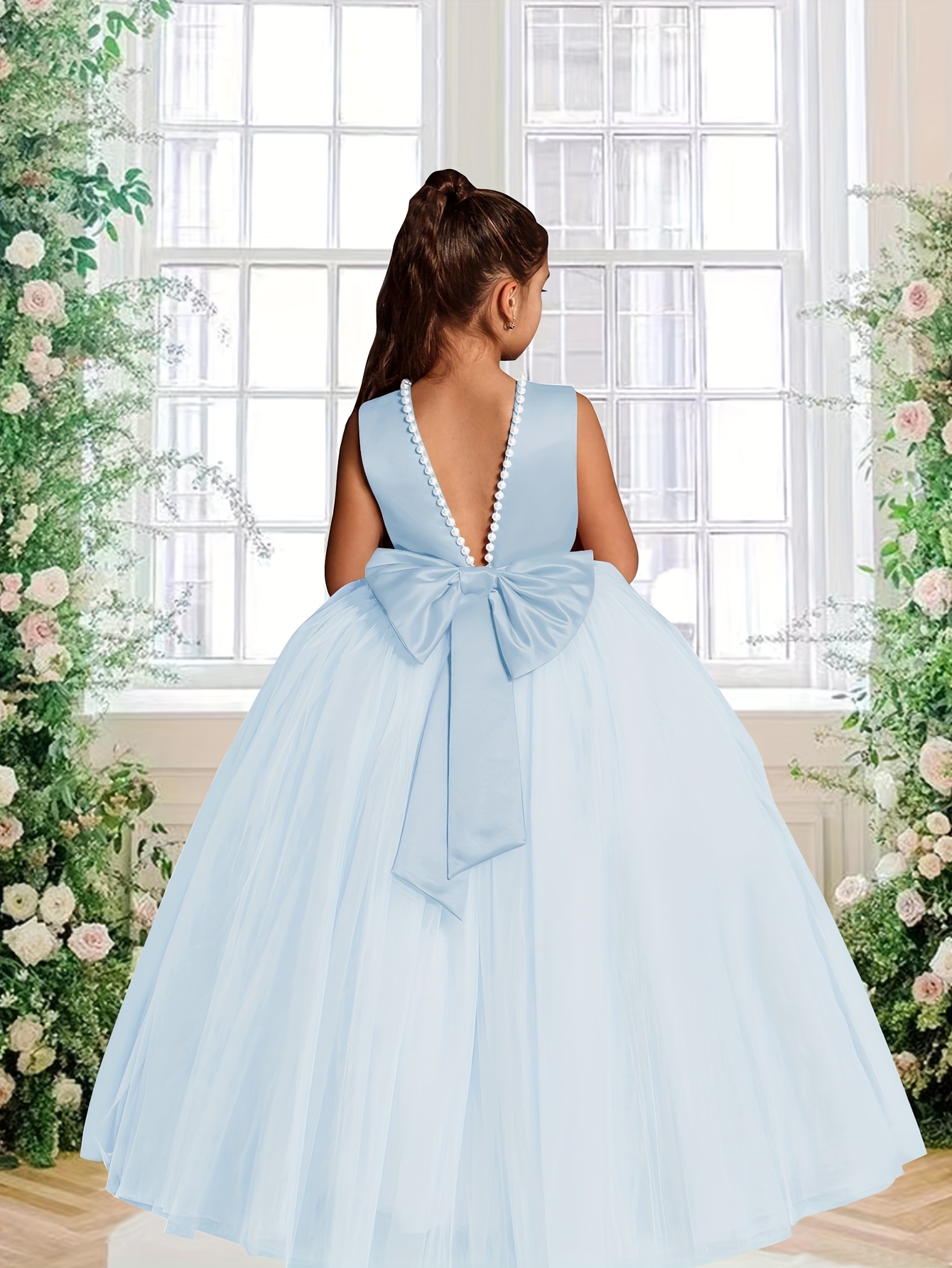 girls elegant princess dress bow pearl open back - Temu Spain