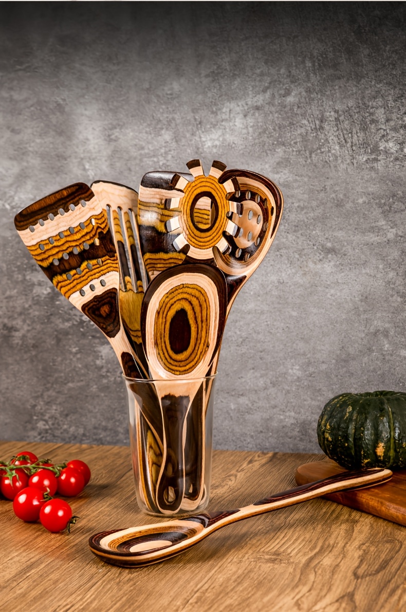 Pakkawood Spurtle Set, Kitchen Utensils Set For Cooking, WOSPONFAN 7pcs Pakkawood Wooden Cooking Spoons & Spatulas With Spoon Rest, Safe For Non-Stick Cookware, Outdoors & Kitchen Gift (Brown Spoon-7pcs)