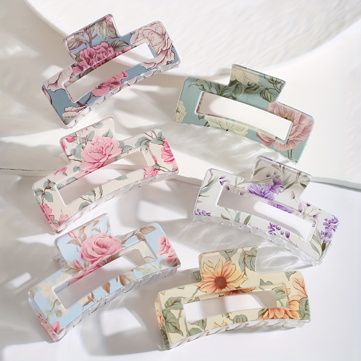 TEMU 6pcs Simple Flower Print Hair Gripper Geometric Hollow Large Square -of-the- Clip, 8- Transparent Printed Hair Gripper Shark Clip For Women's Practical Updo