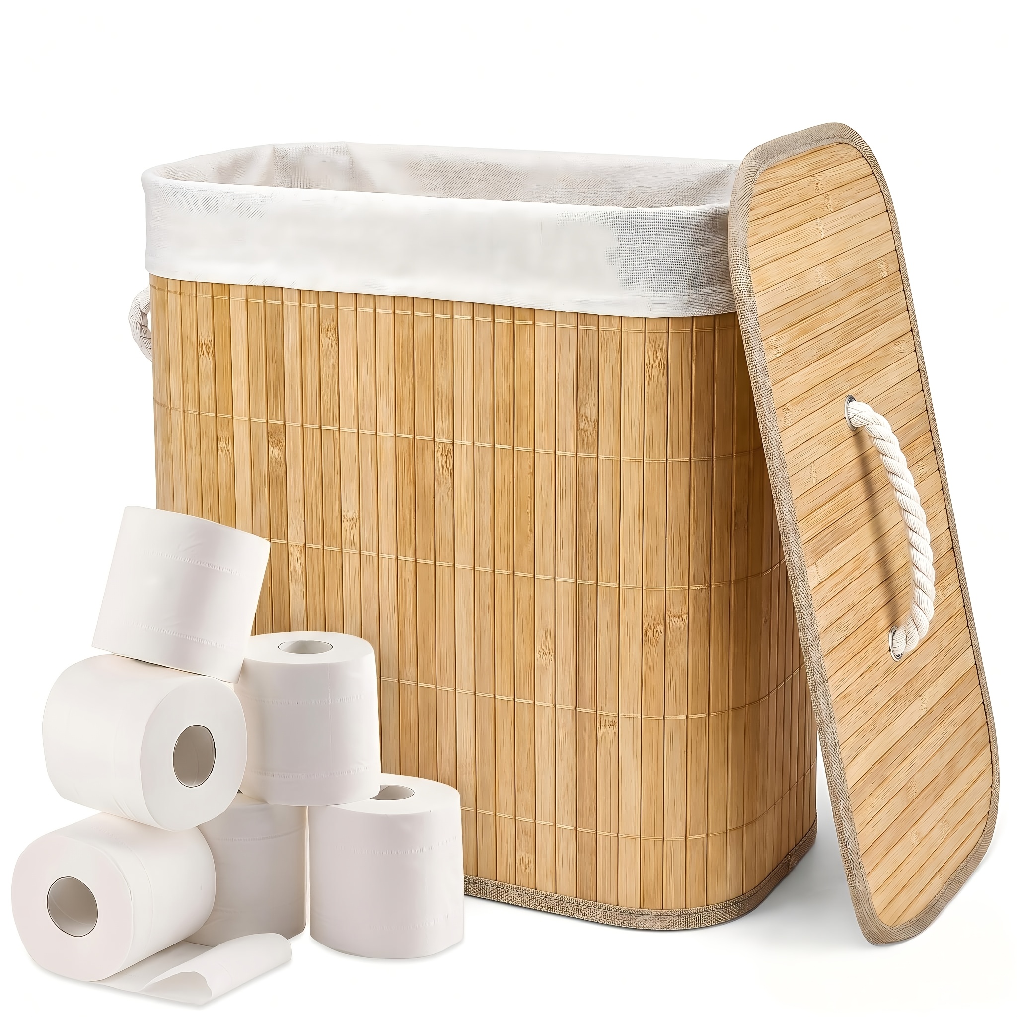 TEMU Porte-papier toilette en bambou avec couvercle et poignée, 8 gallons (30L), panier à papier toilette robuste, organisateur pour salle de bain,