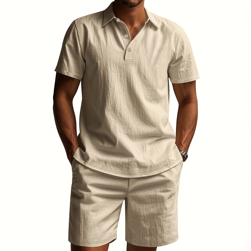Men's Linen Short Sleeve Shorts Set, Summer Outdoor Sports Casual Breathable Short Sleeve Shirt with Shorts