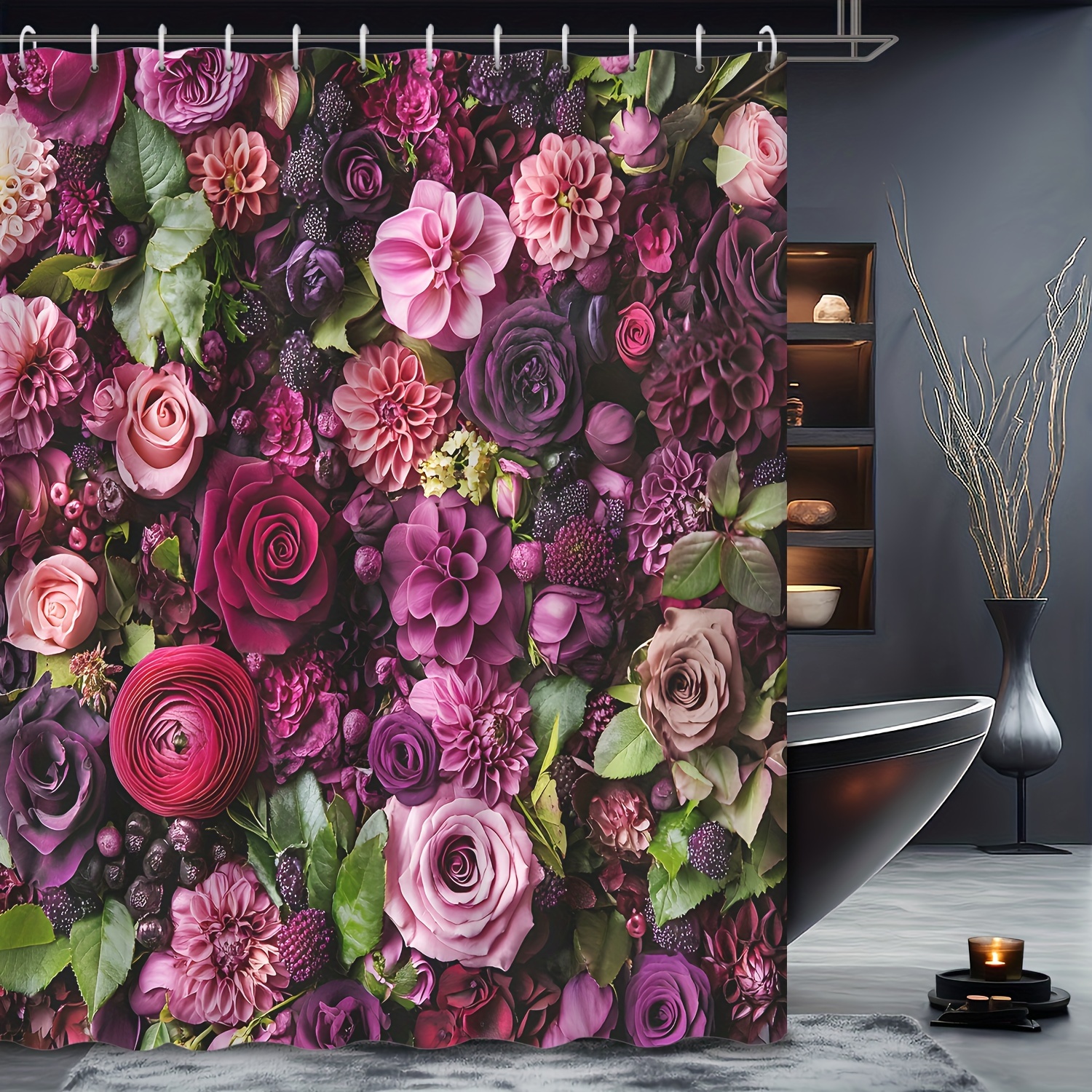 

Water-resistant Floral Shower Curtain Polyester With Grommet Top - 3d Blooming Roses And Flowers Print, Machine Washable Bathroom Decor With 12 Hooks Included, Accessory