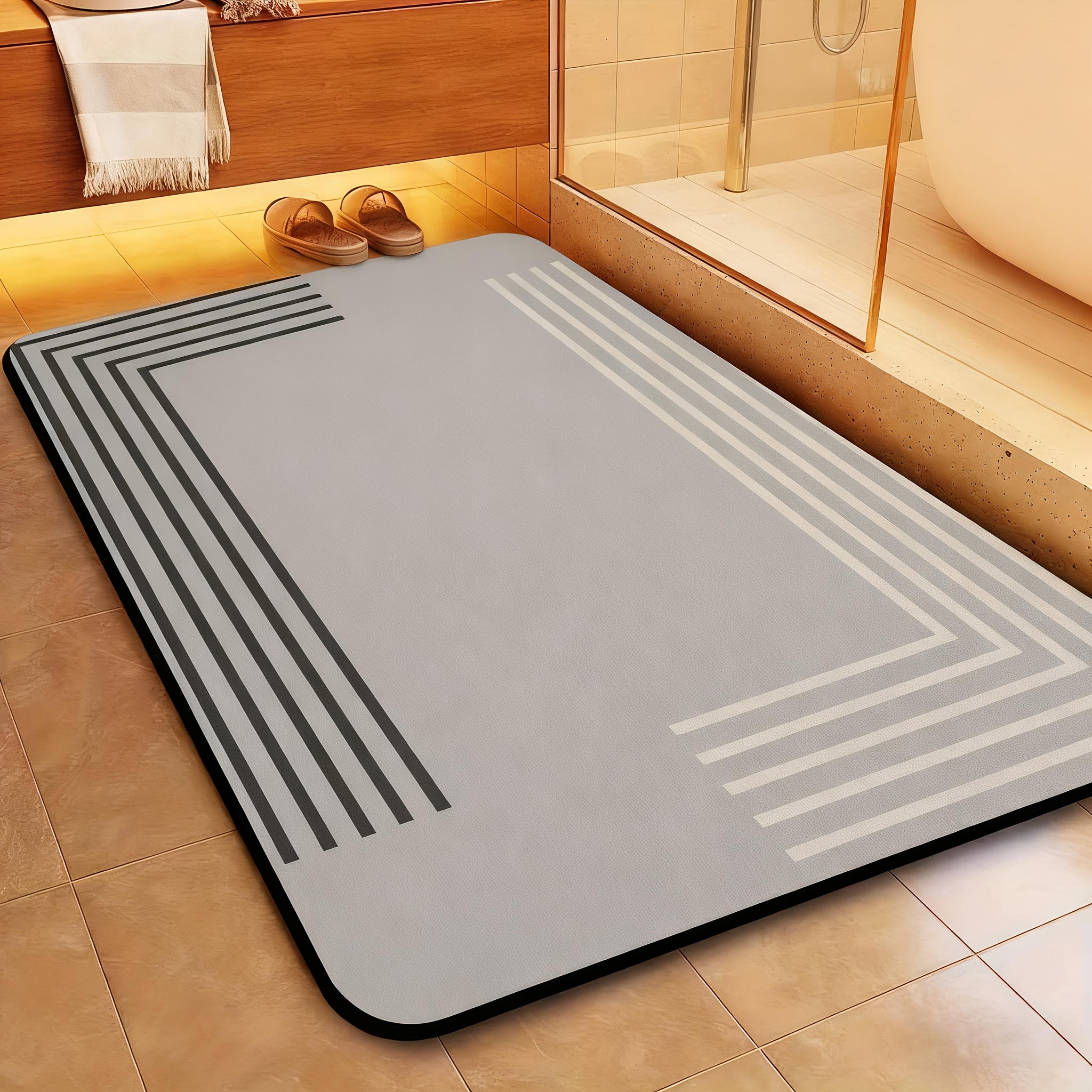 TEMU Mud Bath Mat - Anti-slip Substrate, Soft Diatomite, Heavyweight 0.1-inch Thick, Elegant Black And Golden Striped Rectangular Bath Mat, For