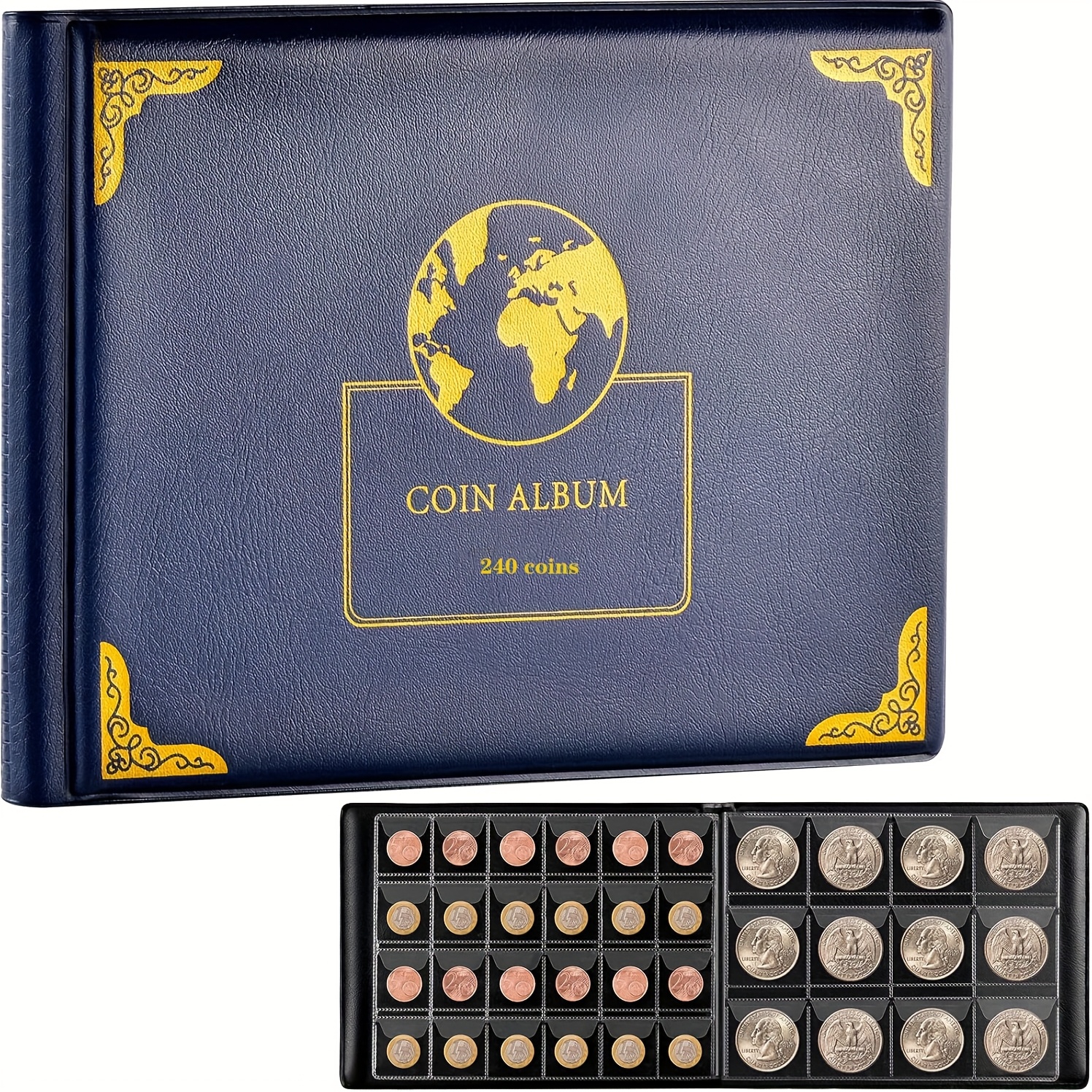 Album Collection Pièces De Monnaie 240 Pochettes - Livre Rangement Jetons/Médailles - Bleu