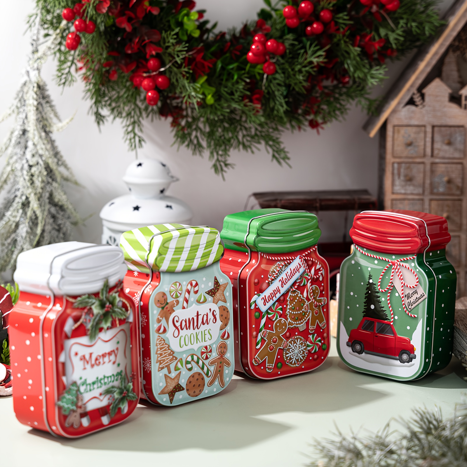 2pcs Christmas Tinplate Boxes, Candy Biscuit Boxes, Chocolate Gift Boxes, Metal Containers with Lids, Christmas Party Decoration Supplies, New Christmas Decorations, Tin Can Shape Decorations, Car Shape Gingerbread Man Party Candy Box Decorations.   in  