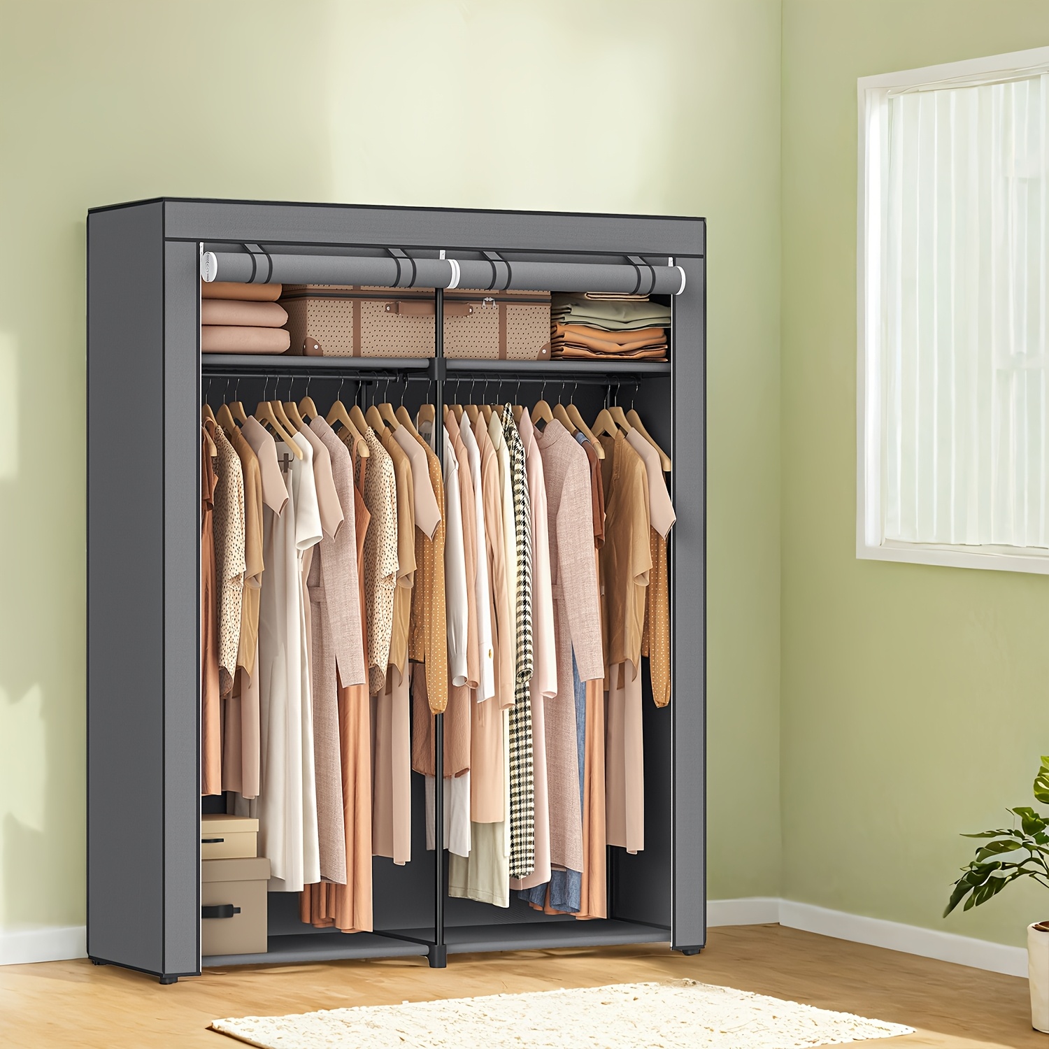 E-shop Kleiderschrank, Kleiderschrank mit 2 Kleiderstangen, Kleideraufbewahrung, Stoffschrank, Kleiderständer, Faltbar, Grau, Tragbare Kleiderschränke