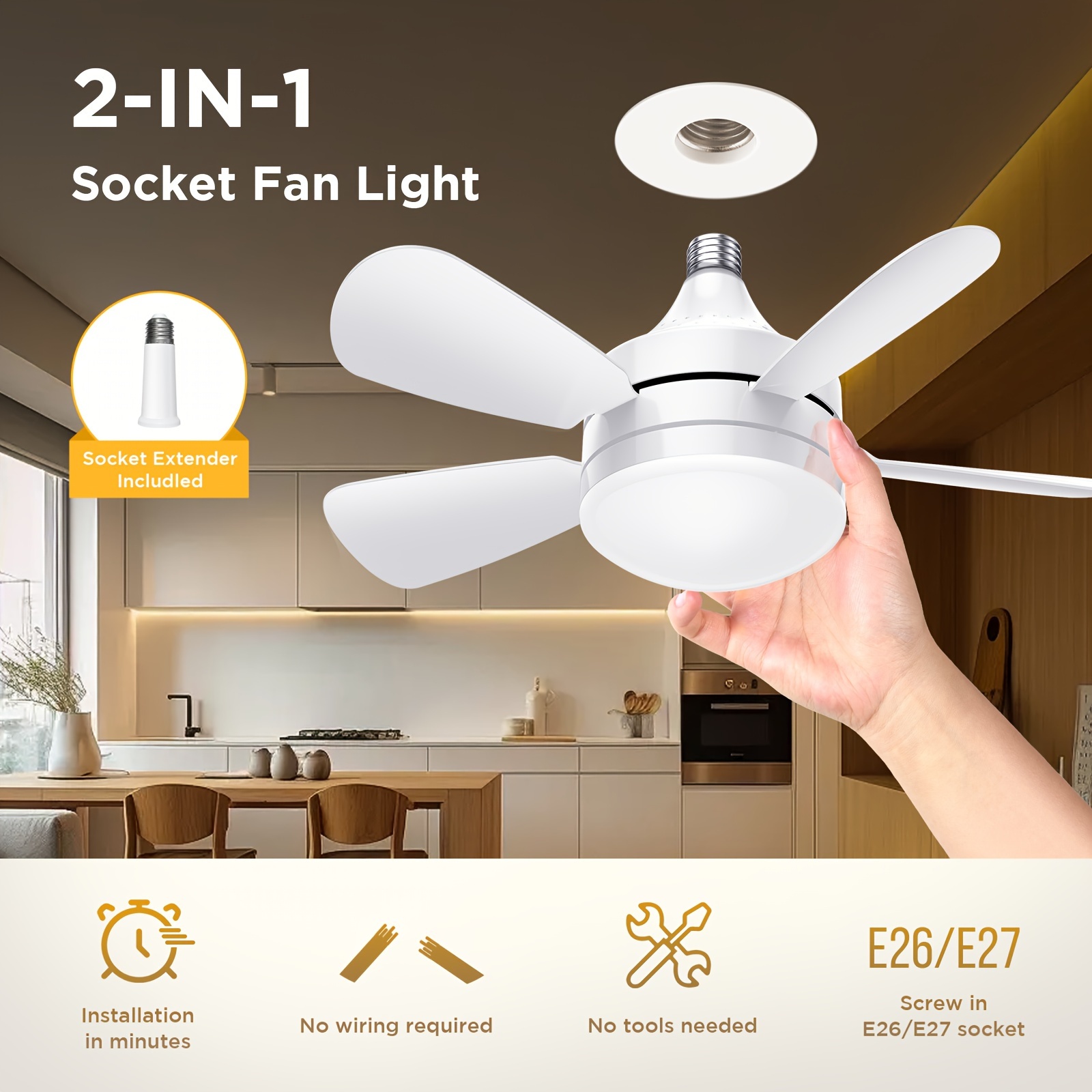 

Socket Fan Light: Ceiling Fans With Lights And Remote - Screw In Small Ceiling Fan Replacement For Light Bulb, Dimmable 3 Color Lights/2000 Lumens, Ceiling Fan For Bedroom, Kitchen, Living Room