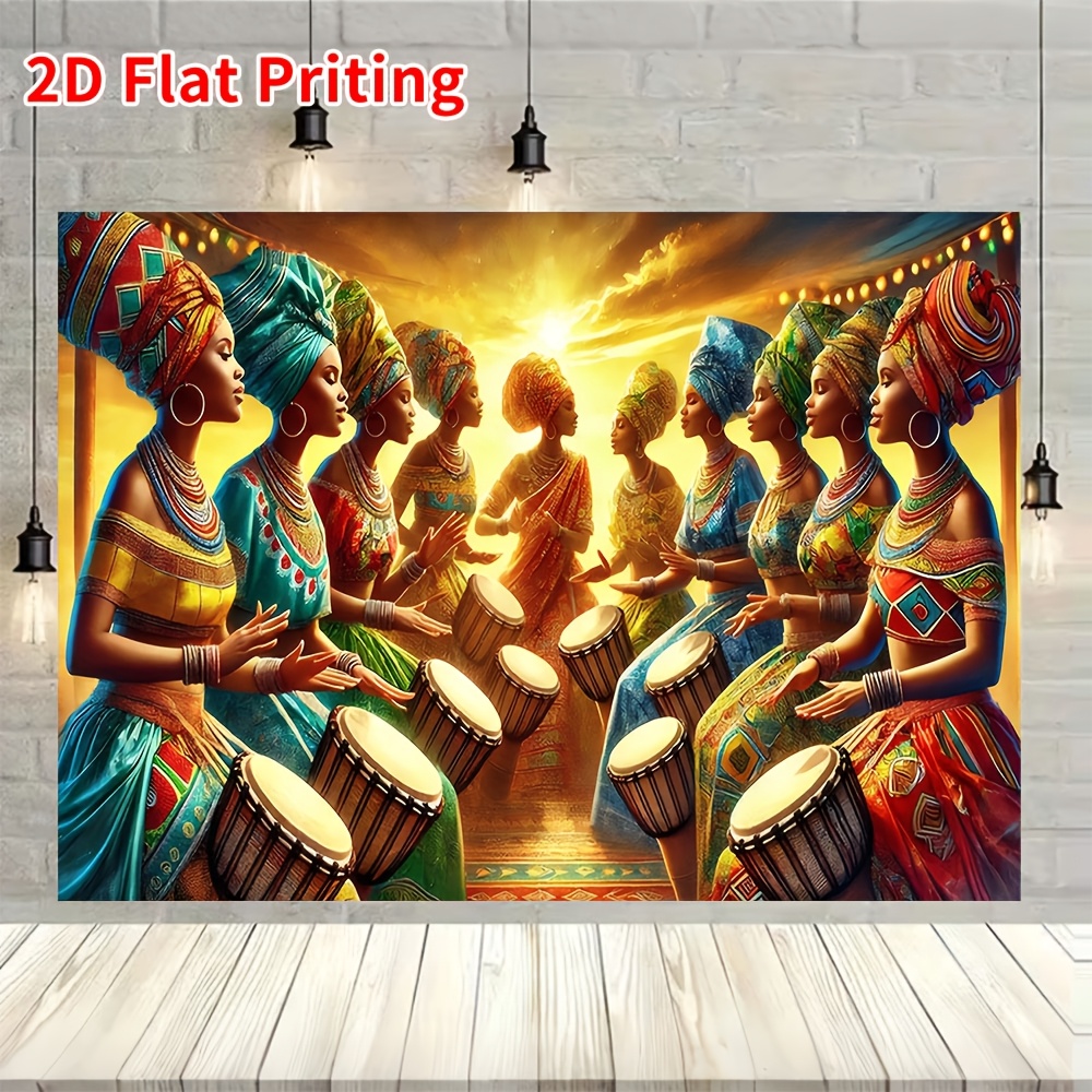 품목 사진 2d 평면, 아프리카 여성 드럼 파티 스타일 배경 천, 폴리에스터 소재, 2d 평면 선명한 프린트, 가족 모임, 여름 야외 파티, 마당 장식에 적합, 세탁 및 재사용 가능, 사진 촬영용 huahuabjb0109, 2d 평면