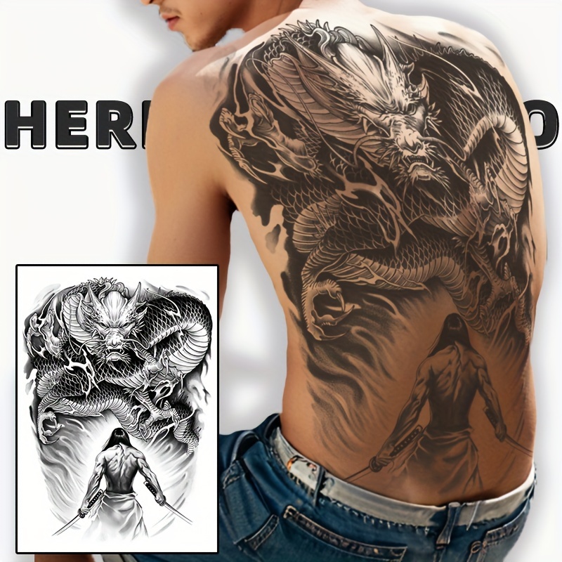 Waterproof Japanese-inspired Full Back Temporary Tattoo Stickers - Realistic, Non-reflective, Lasts 1-2 Weeks - & Dragon Design For Men