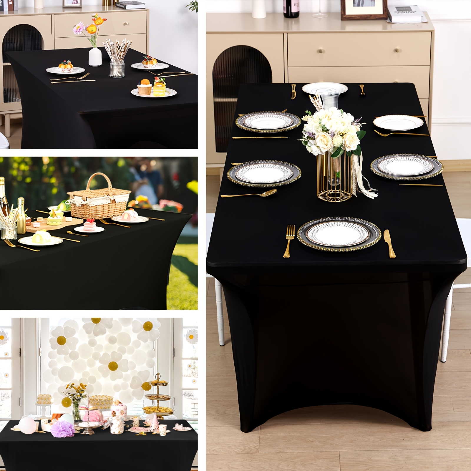 

3pcs Superlele Black Stretch Tablecloths, 8ft Rectangular Fitted Covers For Parties, Banquets, Weddings, Buffets, Graduations - Versatile And Elegant, Party Table Cloth