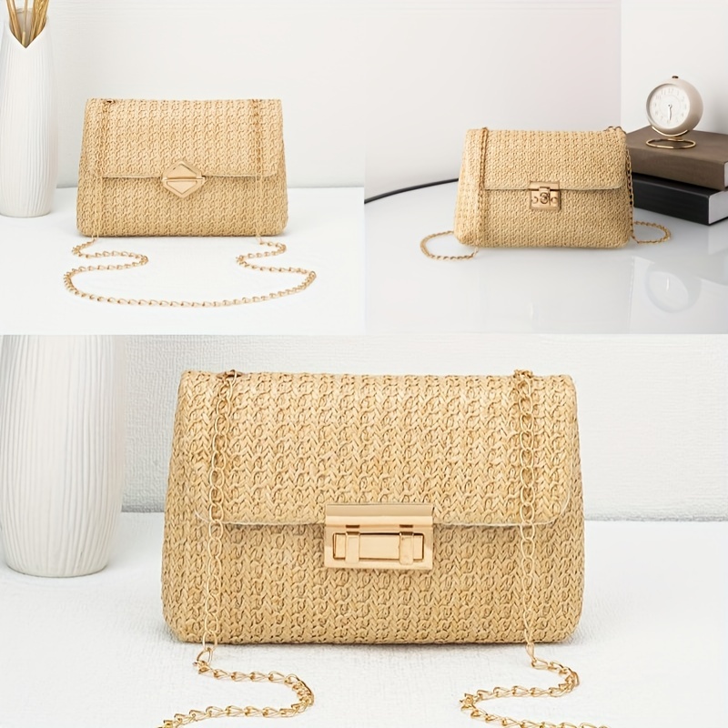 

1pc Elegant Woven Fabric Crossbody Bag, Chic Small Square Purse With Lock Closure & Versatile Shoulder Chain Strap