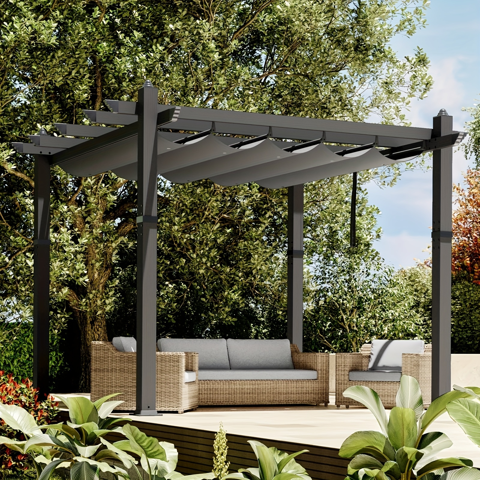 10x10ft Aluminum Pergola, Outdoor Metal Pergola with Adjustable Canopy, Reinforced Frame Outdoor Shelter for Backyard, Lawn And Deck - Gray