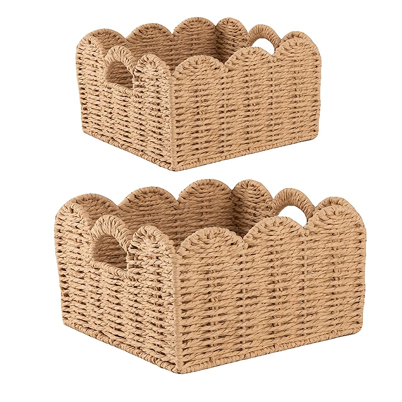 Image of 2pcs Paper Rope Storage Baskets With Lace Trim And Handles, Home Organizer For Cosmetics, Stationery, Books, And Miscellaneous Items, Shelf Baskets