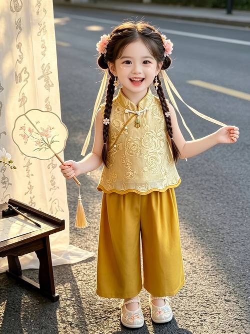 item picture girls floral embroidery new chinese style set summer comfortable casual daily outing hanfu baby new chinese sleeveless top wide leg pants summer tang suit for outdoor