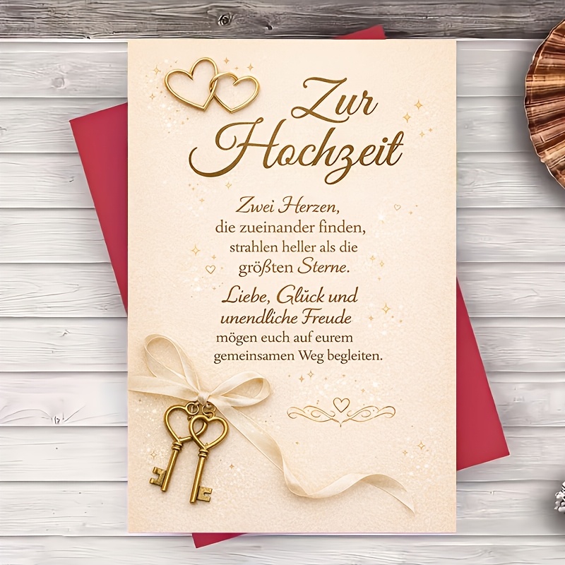 E-shop Ein Umschlag eine Grußkarte – Hochzeitsgrußkarte mit eleganten goldenen Herzen Schlüsseln für Brautpaare, Eltern, Freunde – Zeremonie, Empfang,