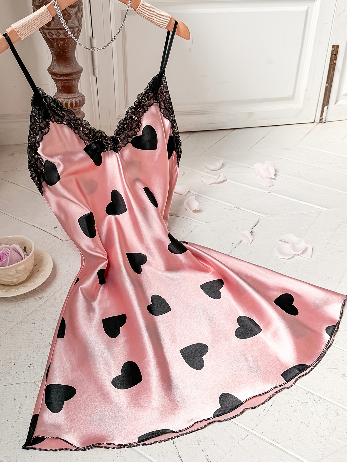 Women's * V-Neck Slip Nightgown with Heart Print & Contrast Lace Trim -  Soft Polyester, Adjustable Thin Straps, Comfortable Sleep Dress for *  Comfortable Nightdress | Elegant Bedroom Attire | ...