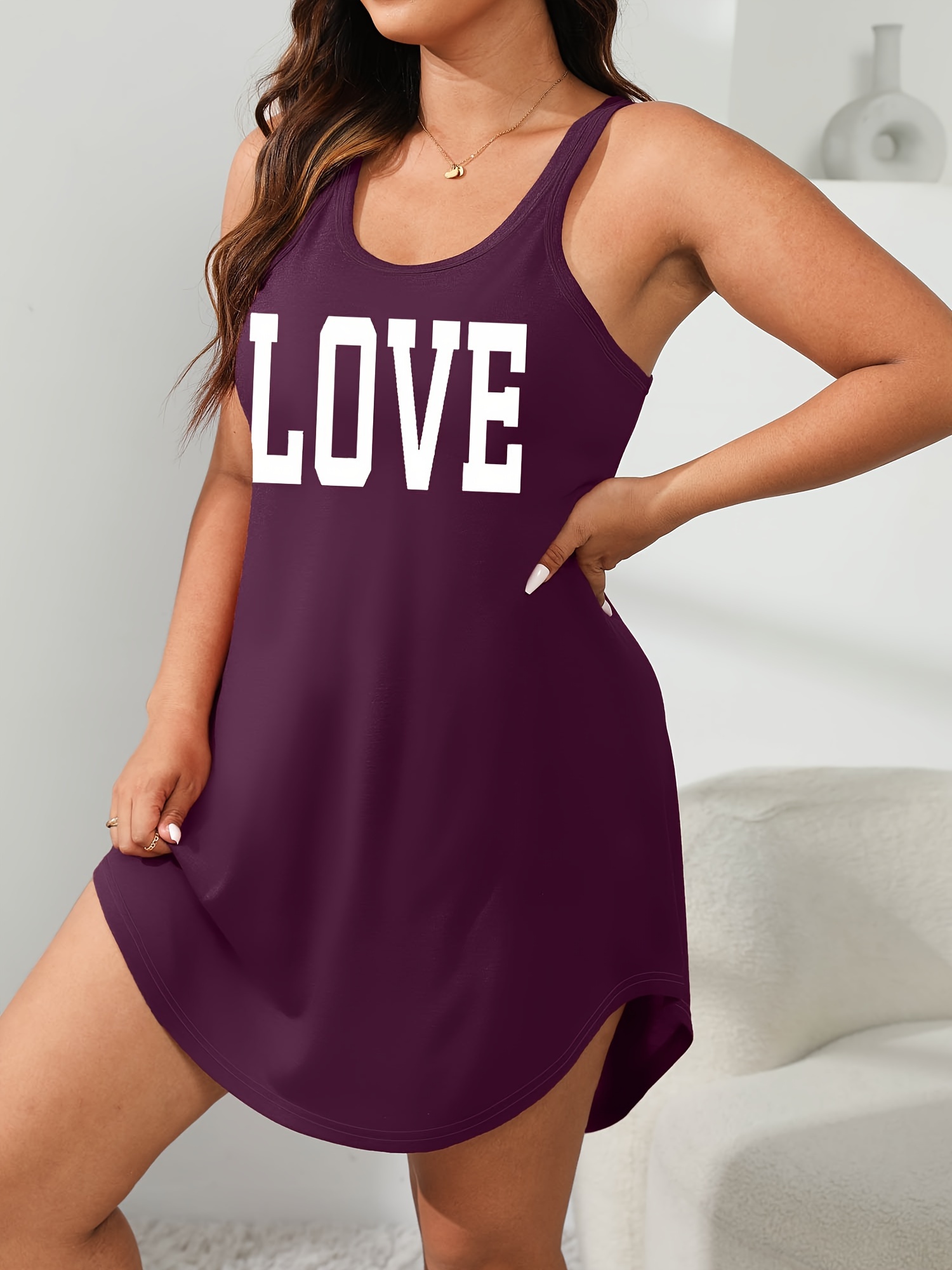 Plus Size Women's LOVE Print Sleeveless Sleep Dress - Olive Green Lounge Nightgown, Machine Washable All-Season Comfort, Casual Loungewear & Sleepwear