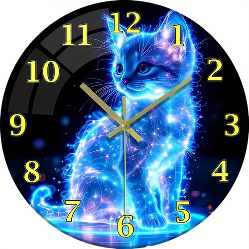 eine, 12-zoll neon katze wanduhr - atemberaubendes blaues galaxie-kätzchen design, dickes sicherheitsglas, für - küchendekor, valentinstag jubiläumsgeschenk. aa-batterien nicht enthalten. katzenmotiv-dekoration