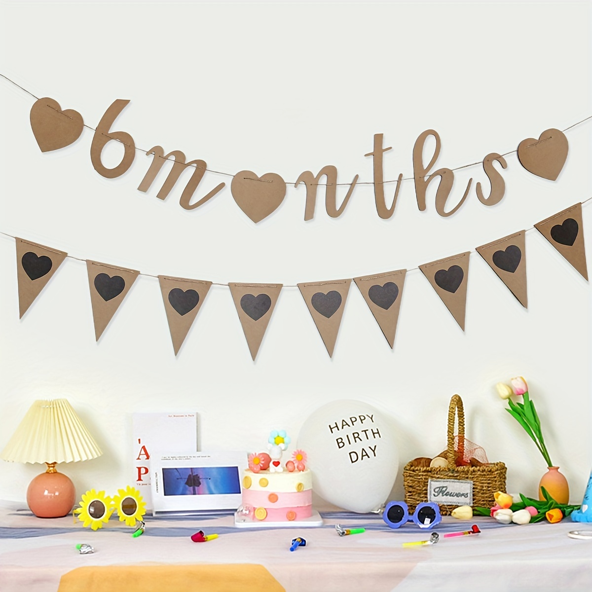 Image of 2 Pieces/sets Paper Half-year Letter + Love Heart Pennant Party Banner 6-month Birthday Party Decoration Background Banner Photo Background Decoration