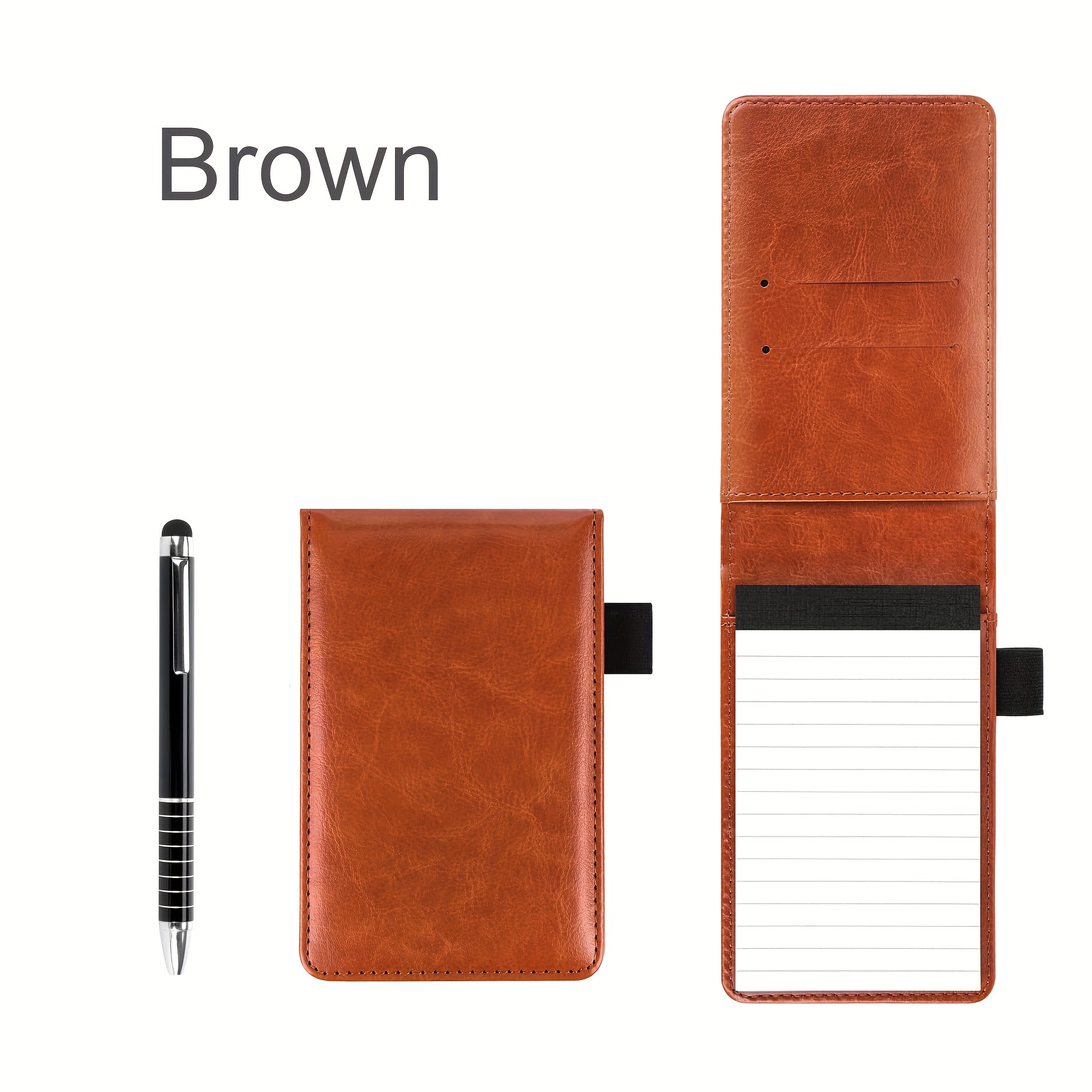 

A7 Pocket-sized Steno Notebook And Premium Brown Business Pen Set - Hard Cover English Notepad With Card Slots, Slim Multifunctional Note Pad For Business Work