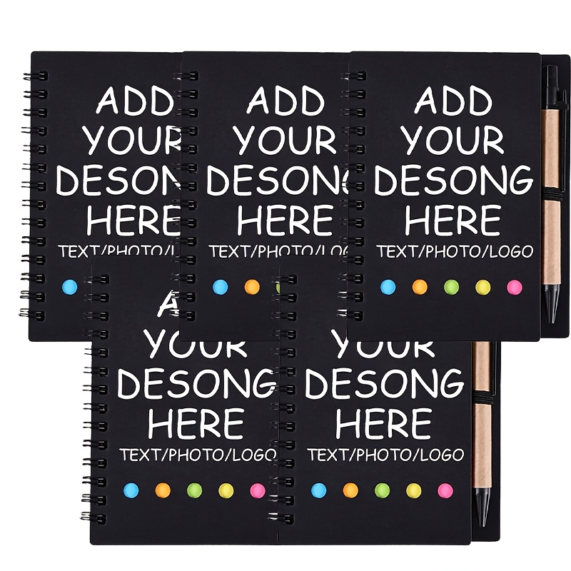 TEMU Lot de 5 carnets personnalisés à spirale avec couvertures en papier ; personnalisables avec logos, textes ou images ; blocs-notes lignés ; notes