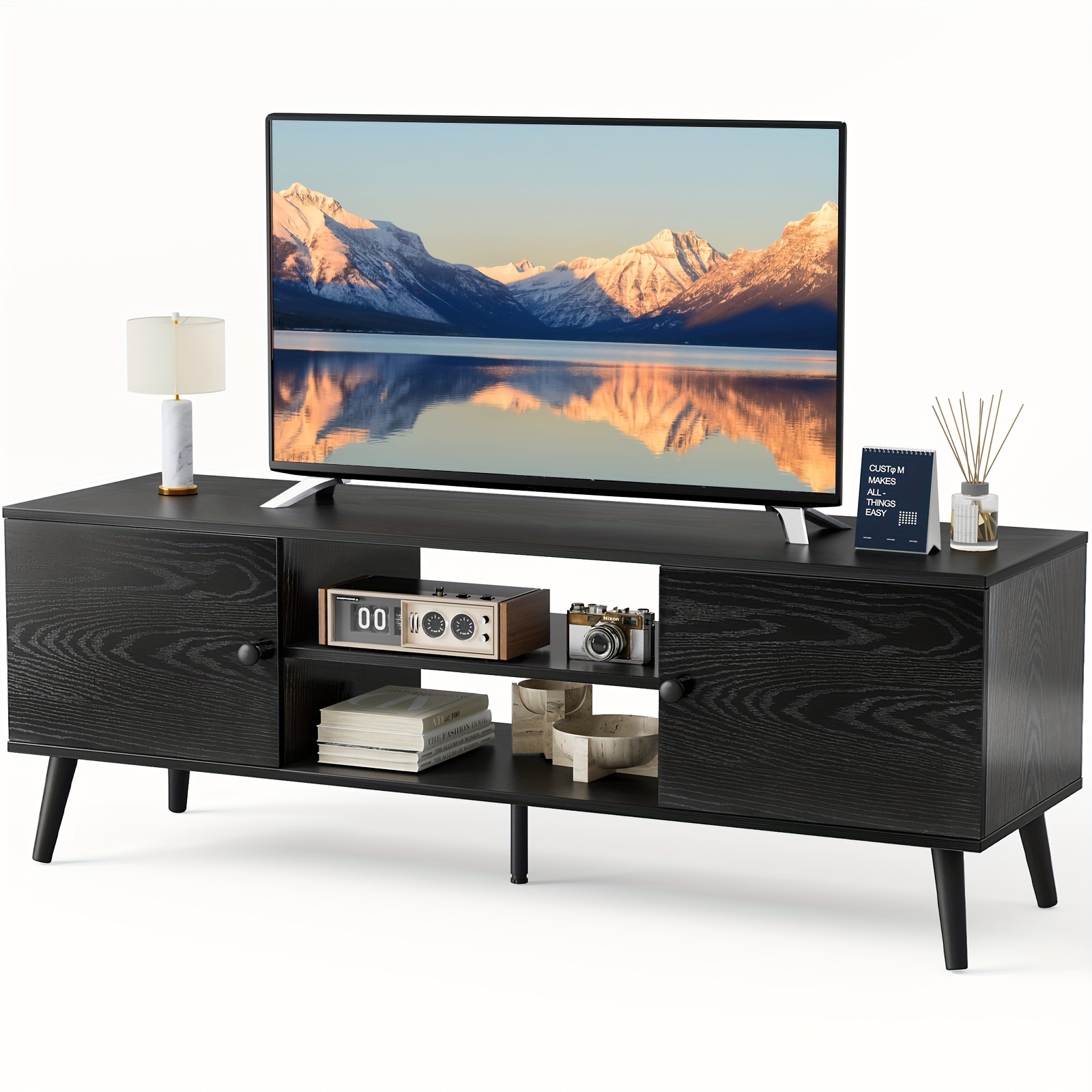 

Tv Stand For 55 60 Inch , Entertainment Center With Storage, 2 Cabinet Media Console Table, Soft Door With Handle, Wood Feet, Office Furniture