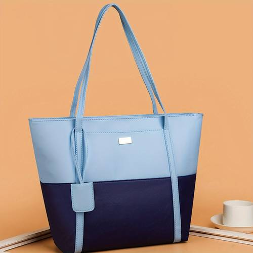 elegant women s soft genuine leather tote bag large capacity two tone shoulder handbag with zipper closure stylish practical for work travel or daily use gray black yellow blue