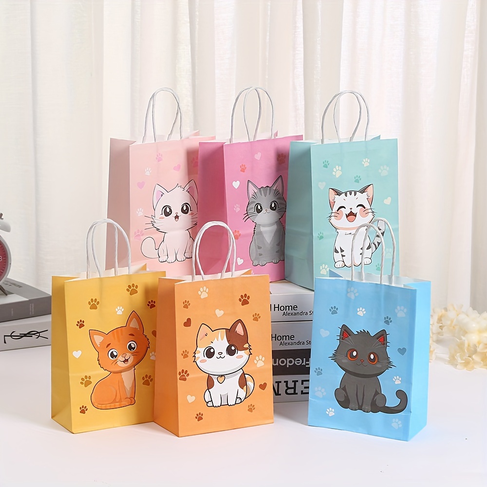 

12-pack Cartoon Cat Themed Gift Bags With Handles, Assorted Paper Party Favor Bags For Pet Treats, Shopping, Birthday, Wedding Decorations