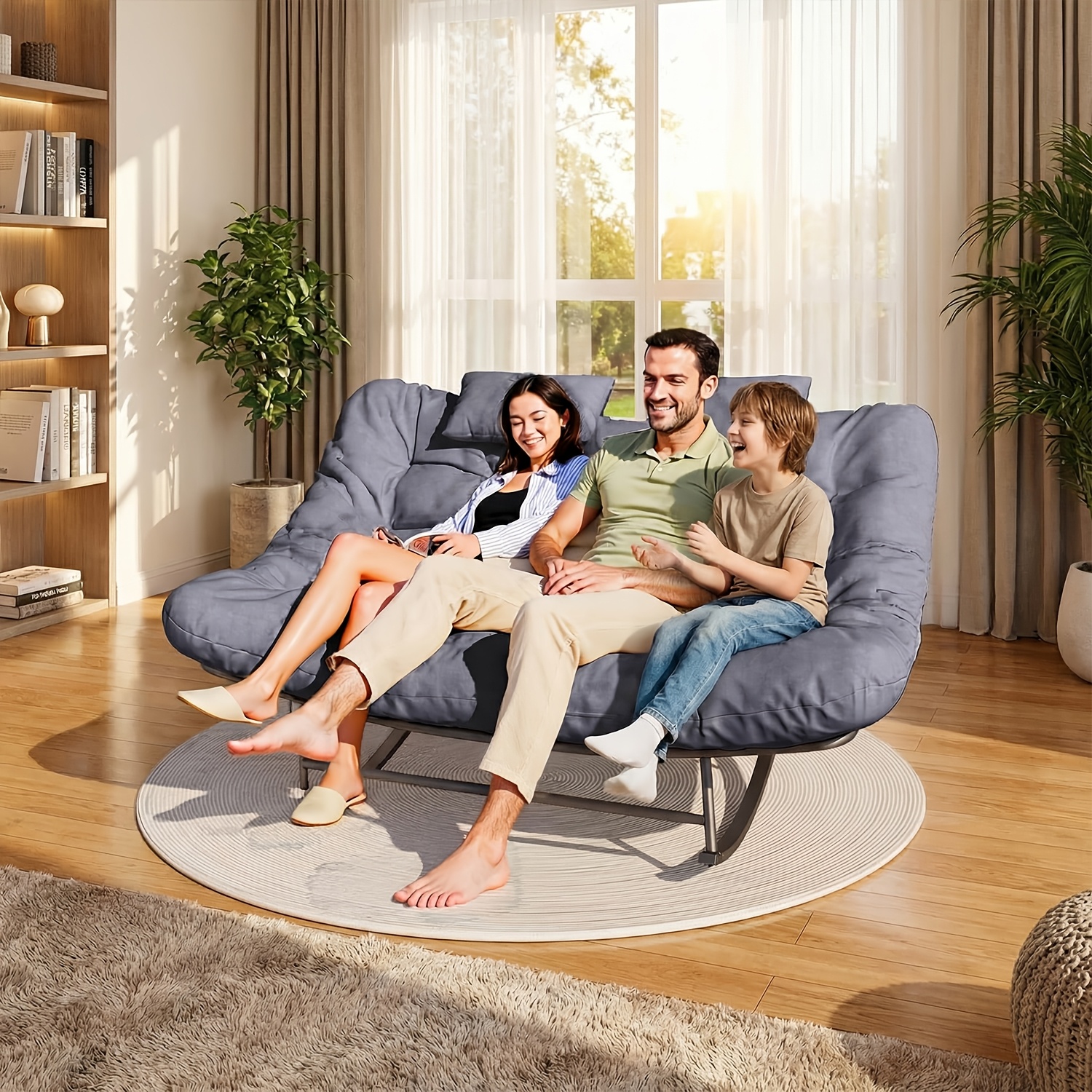 Large Papasan Rocking Chair, Double Rocking Chair with Thick Cushions And Rattan Frame, Oversized Lounge Chair for Nurseries, Suitable for Rooms, Living Rooms, Bedrooms, And Apartments (Gray)