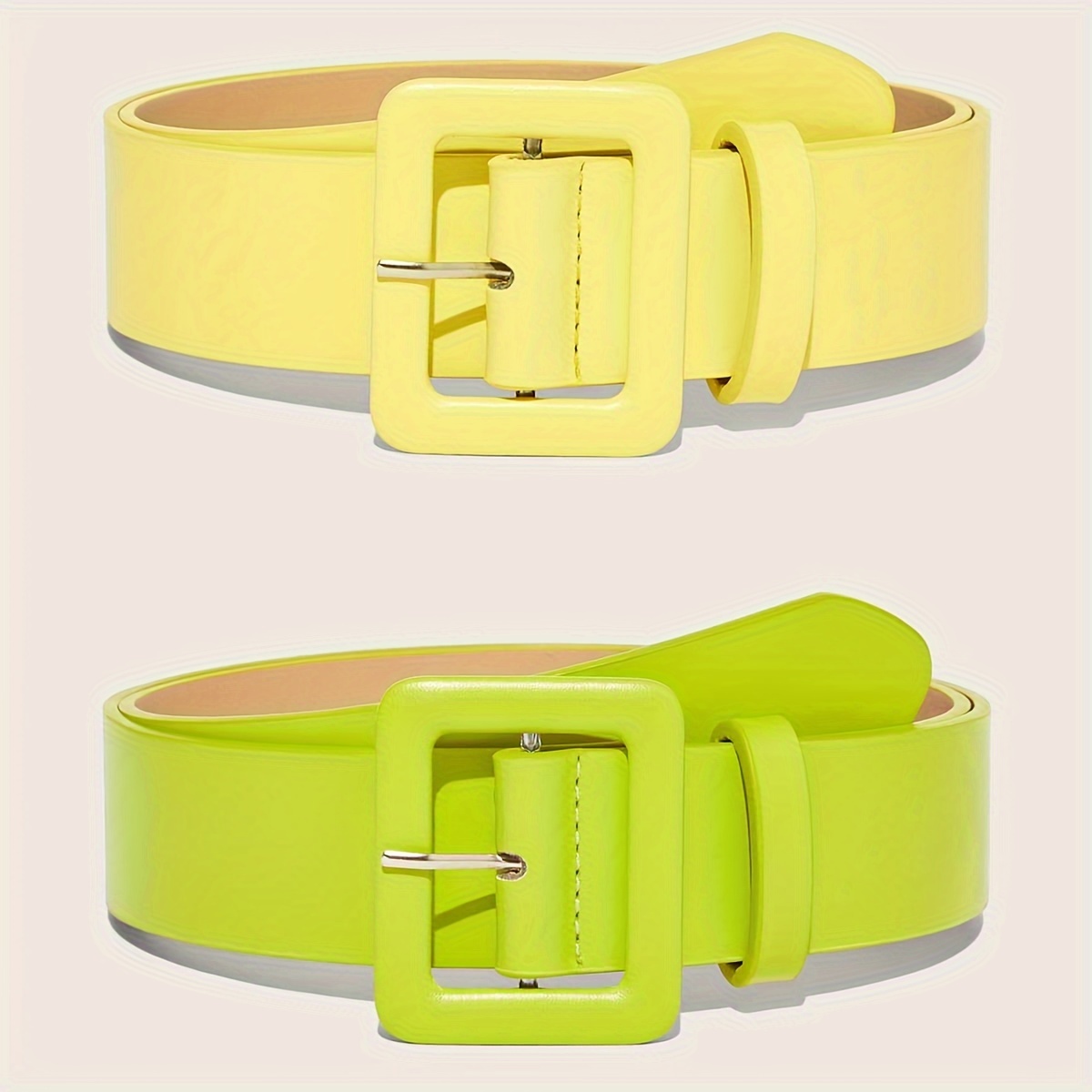 

2pcs/set Green & Yellow Wide Belts Trendy Square Pin Buckle Pu Leather Belt For Women Simple Coat Dress Belt