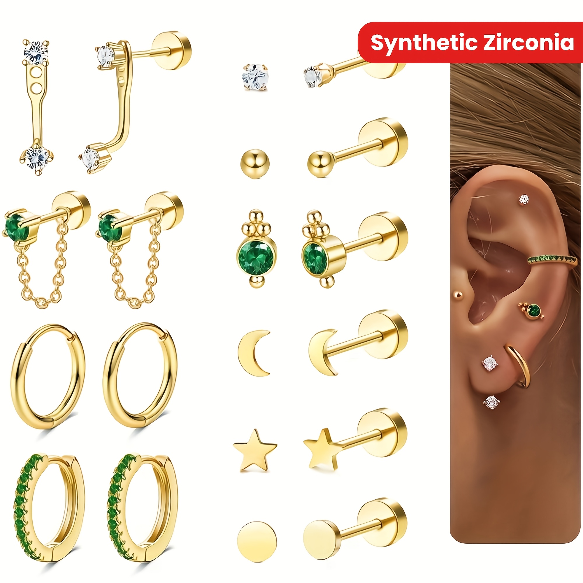 

Yachy 20pcs Elegant Luxury Earring Set, 18k Golden Plated Stainless Steel, Synthetic Zirconia, Flat Back Studs & Small Hoops, Hypoallergenic, 's Day Fashion Jewelry For Daily & Party Occasions