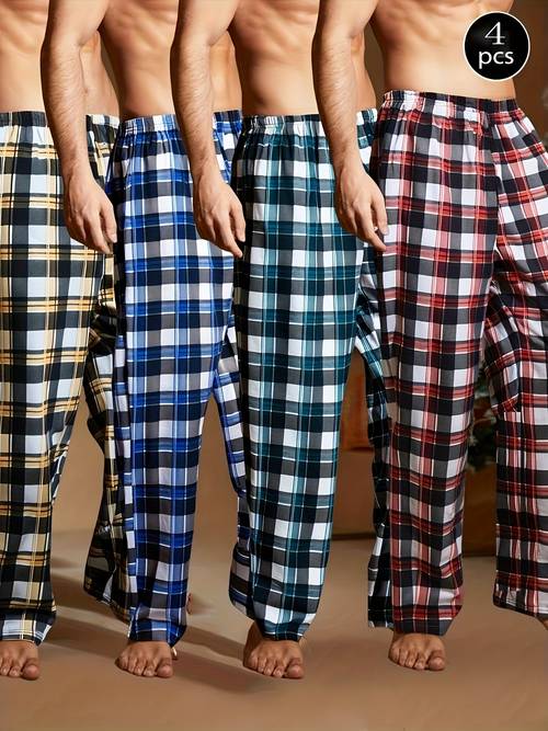 4pcs set of sleeping pants for men and summer four plaid long pants comfortable and lightweight loose be outdoors four combination packs of elastic waist home pants soft pants