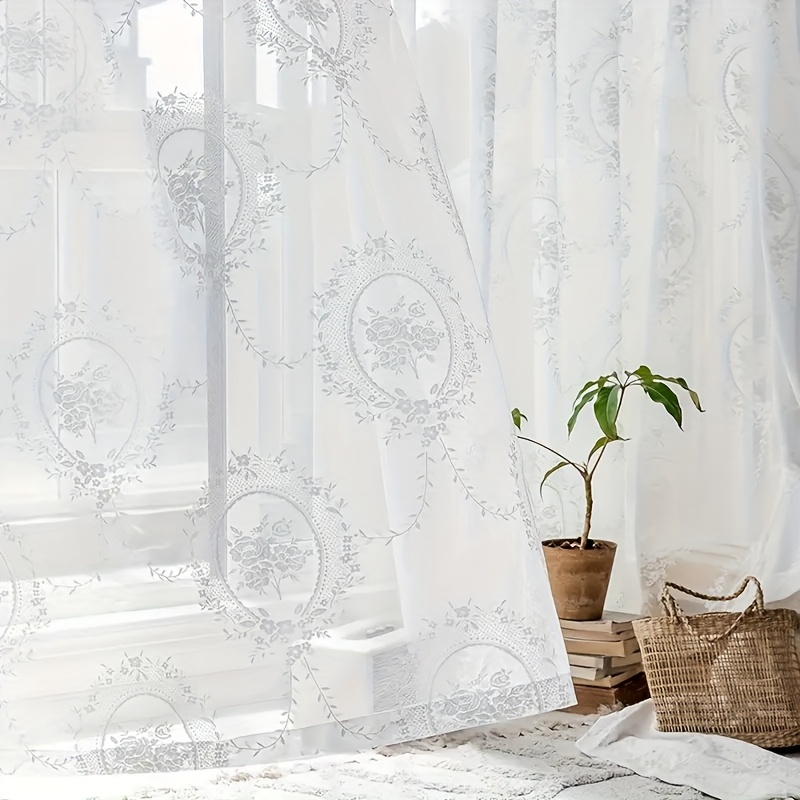 TEMU 2pcs Of French Lace Curtains, Romantic European Style Living Room Balcony Window Screen, Retro Embroidery Flower Mirror Flower Finished Door
