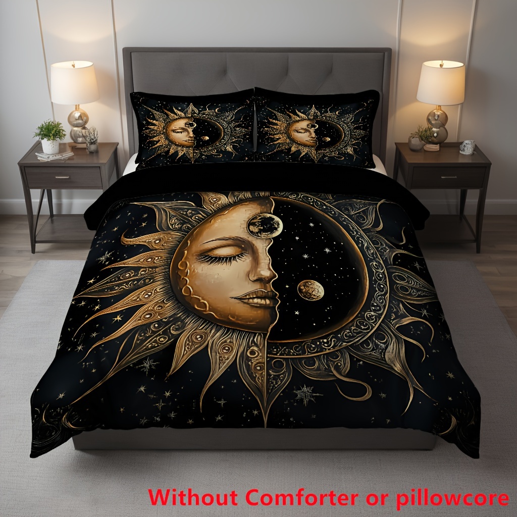 Image of 2/3pcs Sun And Moon Print Duvet Cover Set (1 Duvet Cover And 1/2 Pillowcases, Without Core), Mystical Art Starry Sky Planet Soft Comfortable Duvet Cover, For Bedroom, Home Decoration